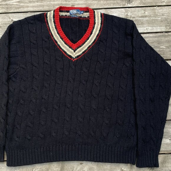 Vintage POLO RALPH LAUREN Wool Sweater Cable Knit V Neck Fair Isle XXL Black - Picture 1 of 8